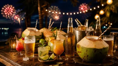 Fresh coconuts, beer, tropical drinks, and soft fireworks on a warmly lit Saturday night table